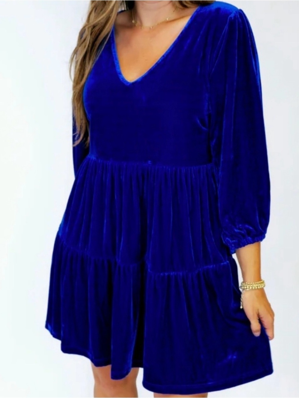 Umgee Royal Blue Velvet V-Neck Tiered Midi Dress Size L pre-owned